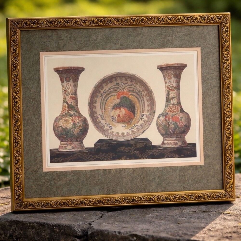 Set of 2 Vintage Asian Oriental Framed Wall Art Porcelain Vases Gold Frames